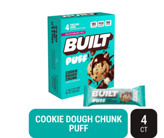 BUILT Puff Protein Bar, Cookie Dough Chunk, 15g Protein, Collagen, 4 Count Box, 1.55 oz Bars