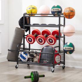 4-Tier Metal Storage Organizer with Rolling Wheels for Basketball Sports Equipment Organizer for Yoga Mat Larger Ball Storage Rack with Baskets a (Color: Black)