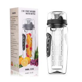 32oz Fruit Infuser Water Bottle with Flip Top Lid - Perfect for Office, Home, Sport, Running, Walking, Hiking (Color: Black, size: One size)